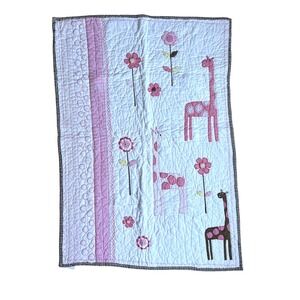 Pottery Barn Kids Pink Giraffe Floral Baby Quilt Cotton Nursery Bedding 36x50